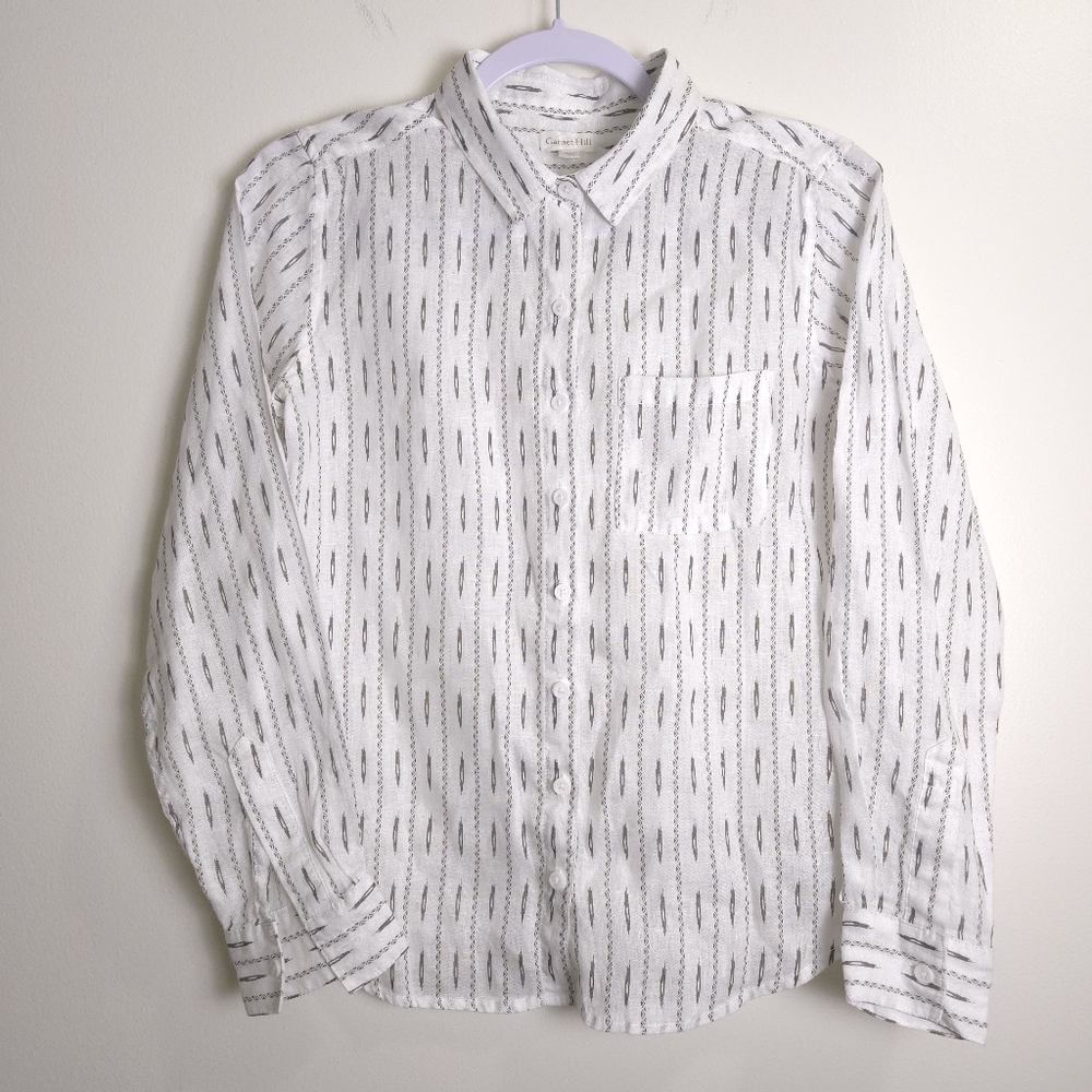 Garnet Hill Abstract White Black Linen Shirt Blouse 2 / XS
